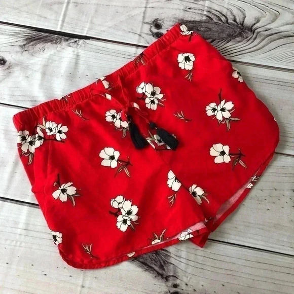 Primark Red Floral Rayon Shorts Tie Waist 6 - Picture 1 of 12